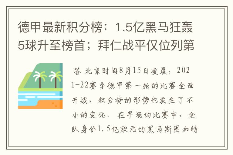 德甲最新积分榜：1.5亿黑马狂轰5球升至榜首；拜仁战平仅位列第7