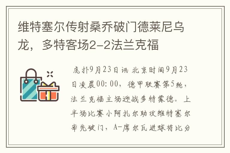 维特塞尔传射桑乔破门德莱尼乌龙，多特客场2-2法兰克福