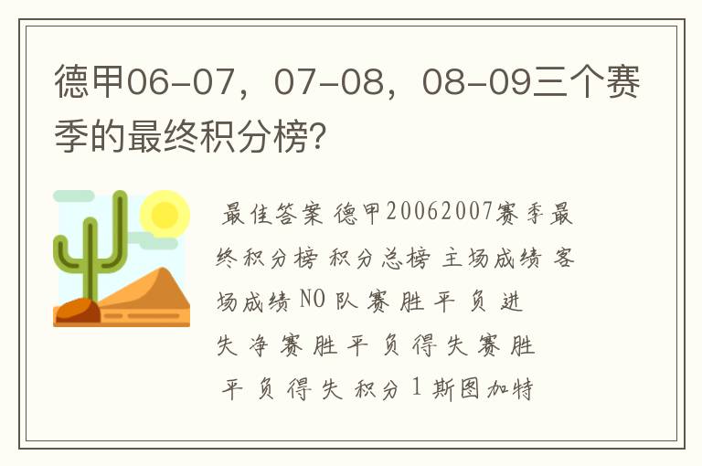 德甲06-07，07-08，08-09三个赛季的最终积分榜？