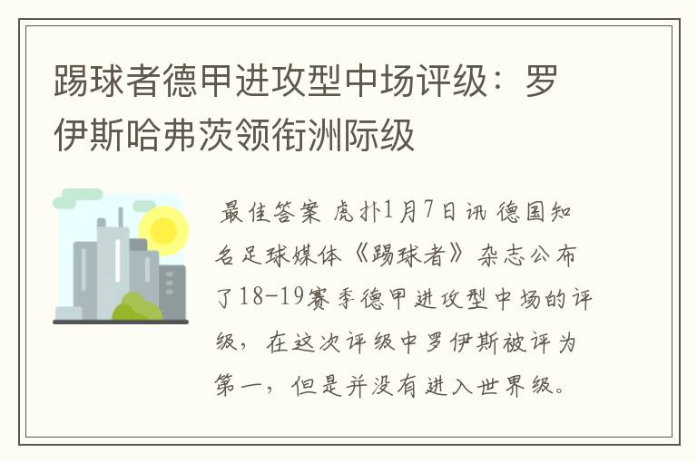 踢球者德甲进攻型中场评级：罗伊斯哈弗茨领衔洲际级