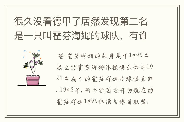 很久没看德甲了居然发现第二名是一只叫霍芬海姆的球队，有谁知道吗