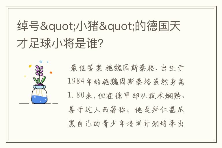 绰号"小猪"的德国天才足球小将是谁？