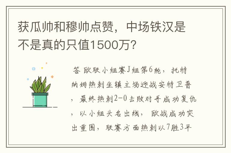 获瓜帅和穆帅点赞，中场铁汉是不是真的只值1500万？