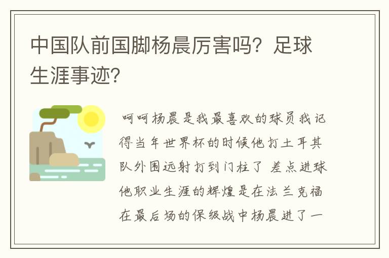 中国队前国脚杨晨厉害吗？足球生涯事迹？