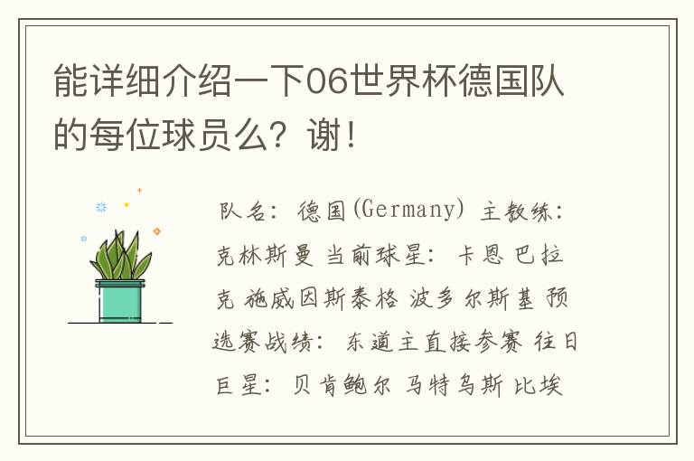 能详细介绍一下06世界杯德国队的每位球员么？谢！