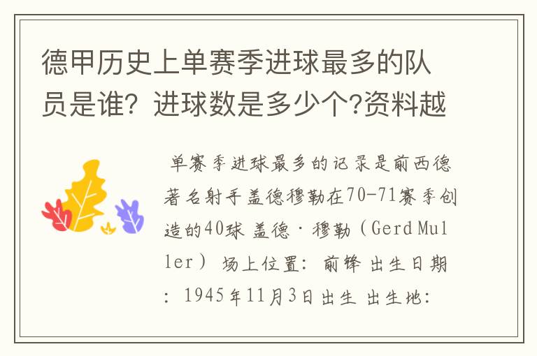 德甲历史上单赛季进球最多的队员是谁？进球数是多少个?资料越详细越好!