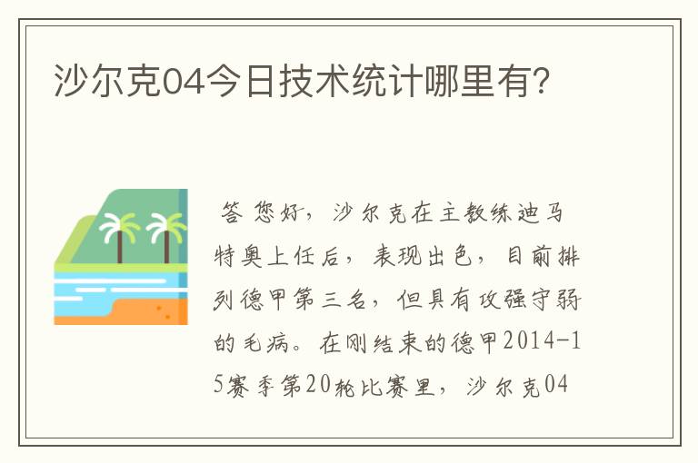 沙尔克04今日技术统计哪里有？