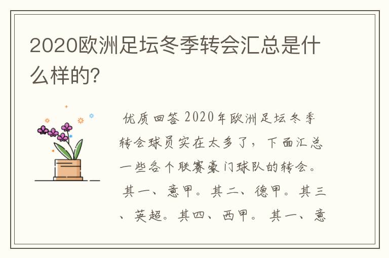 2020欧洲足坛冬季转会汇总是什么样的？