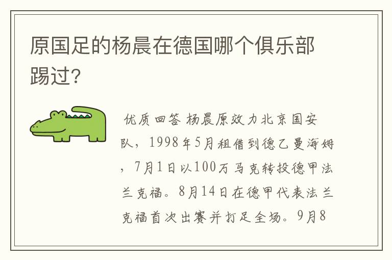 原国足的杨晨在德国哪个俱乐部踢过?