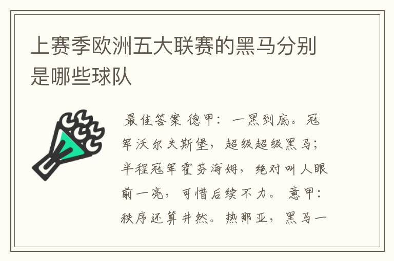 上赛季欧洲五大联赛的黑马分别是哪些球队