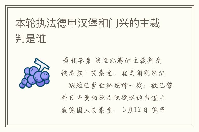 本轮执法德甲汉堡和门兴的主裁判是谁