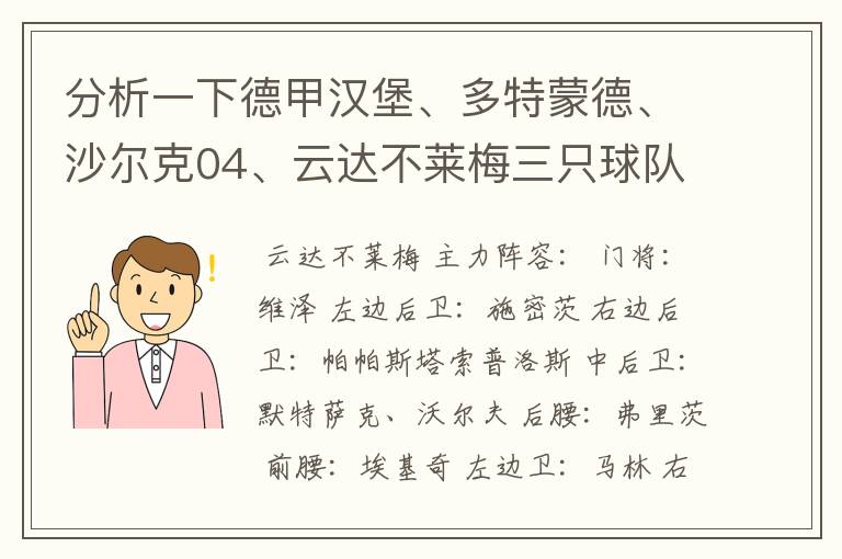 分析一下德甲汉堡、多特蒙德、沙尔克04、云达不莱梅三只球队的人员打法和阵型