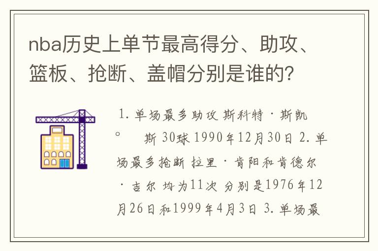 nba历史上单节最高得分、助攻、篮板、抢断、盖帽分别是谁的？多少？