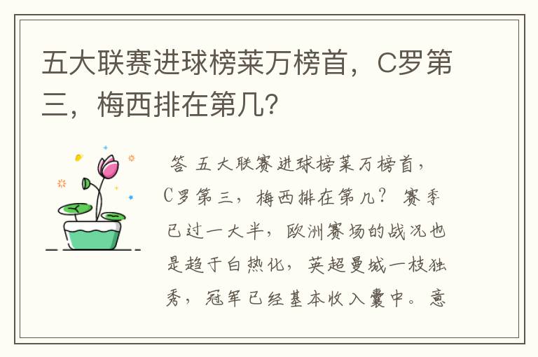 五大联赛进球榜莱万榜首，C罗第三，梅西排在第几？