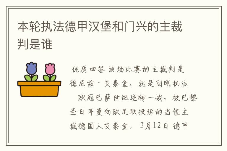 本轮执法德甲汉堡和门兴的主裁判是谁