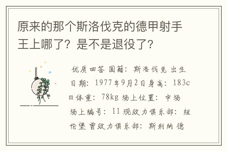 原来的那个斯洛伐克的德甲射手王上哪了？是不是退役了?