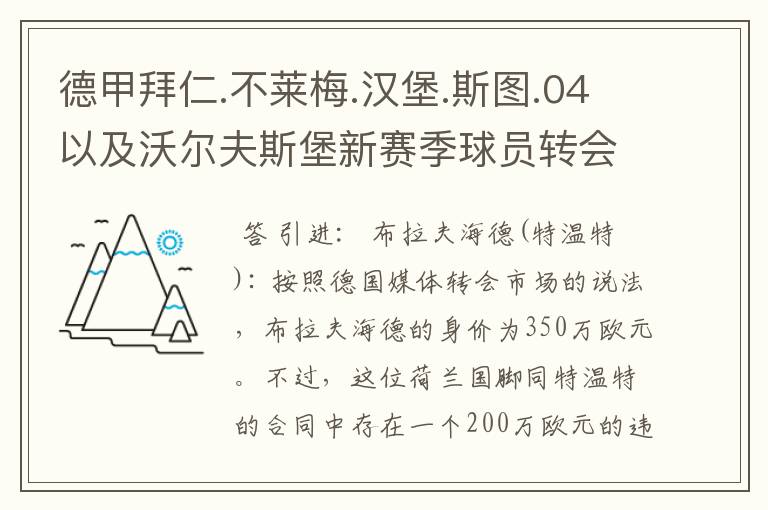 德甲拜仁.不莱梅.汉堡.斯图.04以及沃尔夫斯堡新赛季球员转会一览