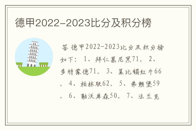 德甲2022-2023比分及积分榜