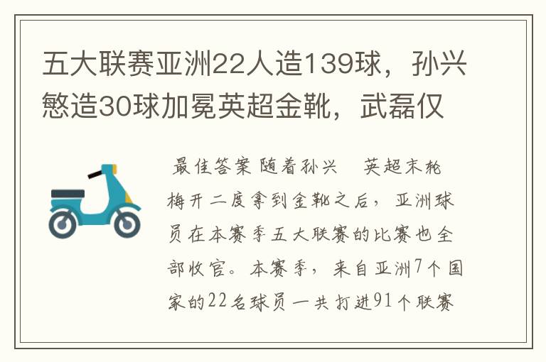 五大联赛亚洲22人造139球，孙兴慜造30球加冕英超金靴，武磊仅1球