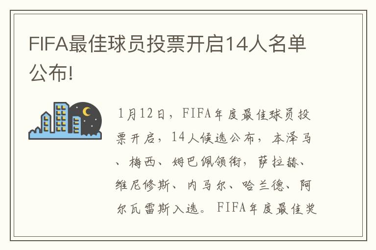 FIFA最佳球员投票开启14人名单公布!