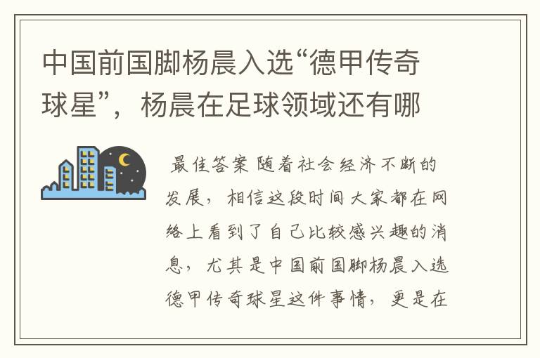 中国前国脚杨晨入选“德甲传奇球星”，杨晨在足球领域还有哪些成就？