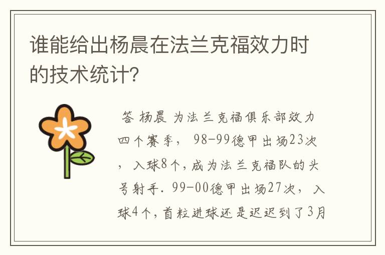 谁能给出杨晨在法兰克福效力时的技术统计？