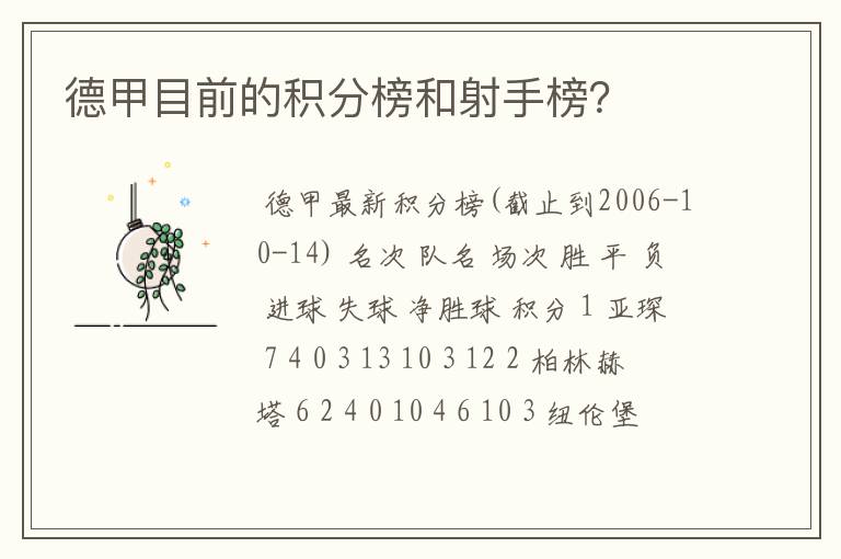 德甲目前的积分榜和射手榜？