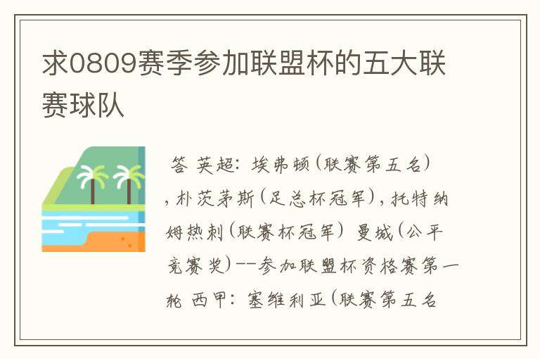 求0809赛季参加联盟杯的五大联赛球队