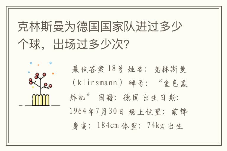 克林斯曼为德国国家队进过多少个球，出场过多少次？