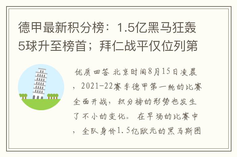 德甲最新积分榜：1.5亿黑马狂轰5球升至榜首；拜仁战平仅位列第7