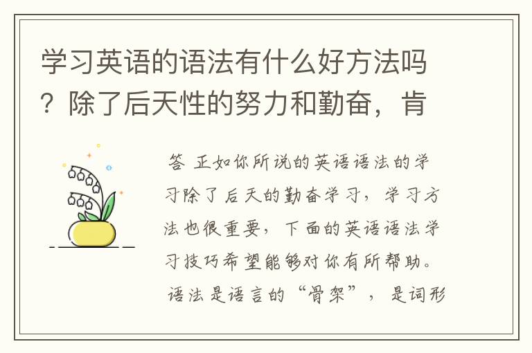 学习英语的语法有什么好方法吗？除了后天性的努力和勤奋，肯定有一大部分也有占着方法的比例，希望你们可