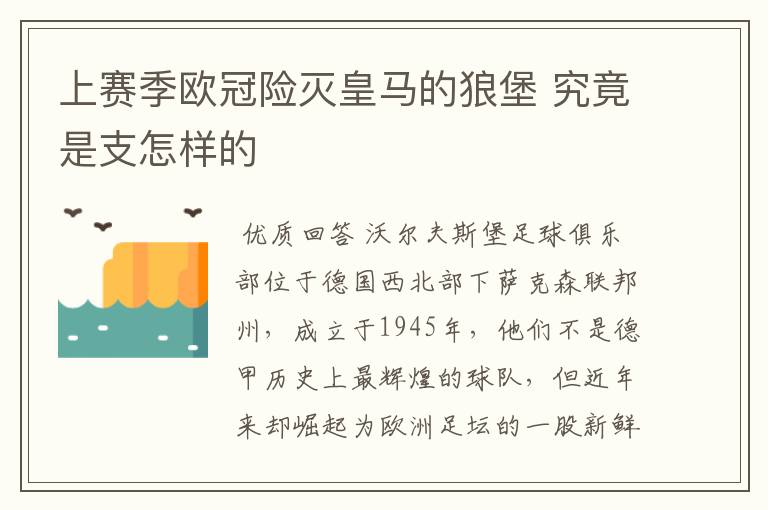 上赛季欧冠险灭皇马的狼堡 究竟是支怎样的