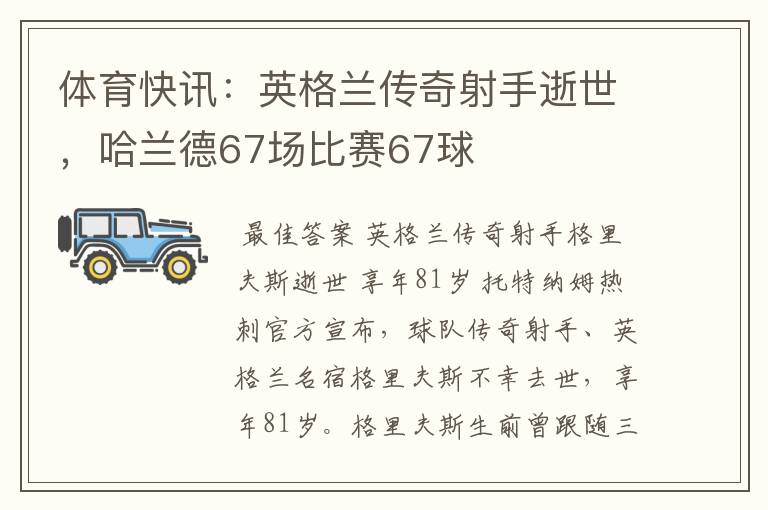 体育快讯：英格兰传奇射手逝世，哈兰德67场比赛67球