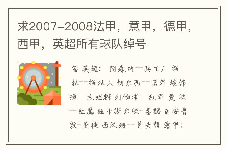 求2007-2008法甲，意甲，德甲，西甲，英超所有球队绰号