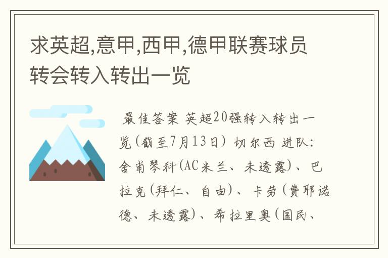 求英超,意甲,西甲,德甲联赛球员转会转入转出一览