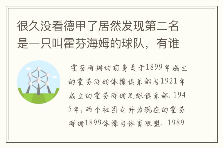 很久没看德甲了居然发现第二名是一只叫霍芬海姆的球队，有谁知道吗