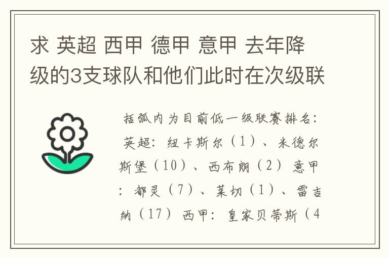 求 英超 西甲 德甲 意甲 去年降级的3支球队和他们此时在次级联赛的排名