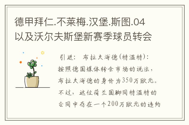 德甲拜仁.不莱梅.汉堡.斯图.04以及沃尔夫斯堡新赛季球员转会一览