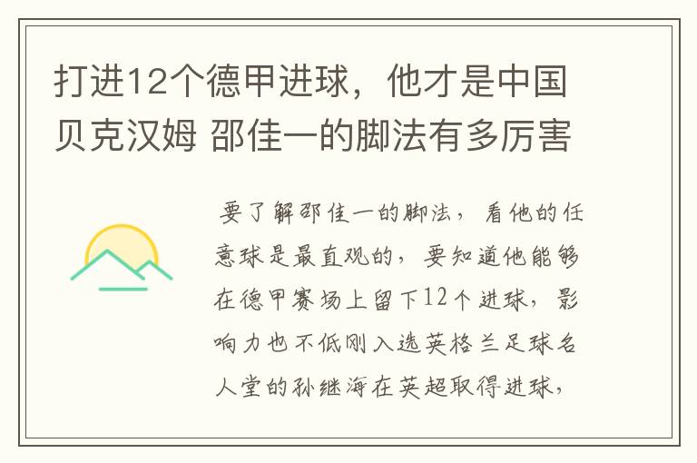 打进12个德甲进球，他才是中国贝克汉姆 邵佳一的脚法有多厉害