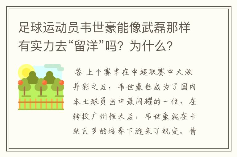 足球运动员韦世豪能像武磊那样有实力去“留洋”吗？为什么？