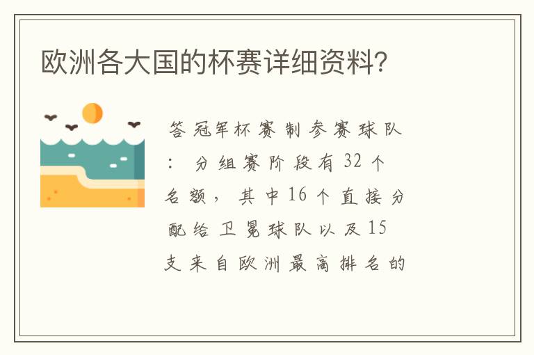 欧洲各大国的杯赛详细资料？