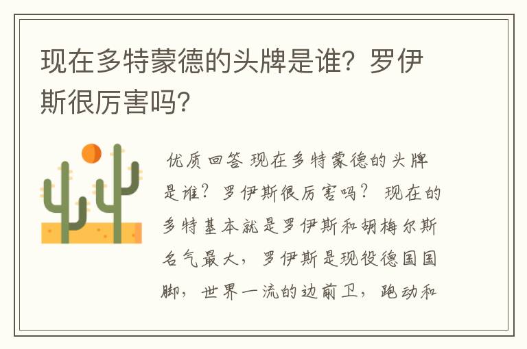 现在多特蒙德的头牌是谁?罗伊斯很厉害吗?