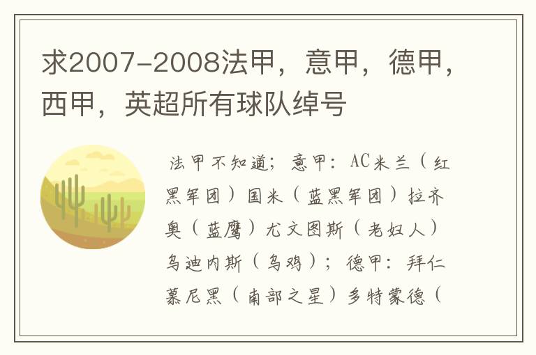 求2007-2008法甲，意甲，德甲，西甲，英超所有球队绰号