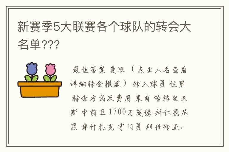 新赛季5大联赛各个球队的转会大名单???