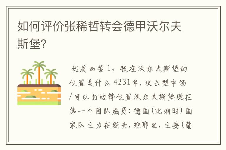 如何评价张稀哲转会德甲沃尔夫斯堡？