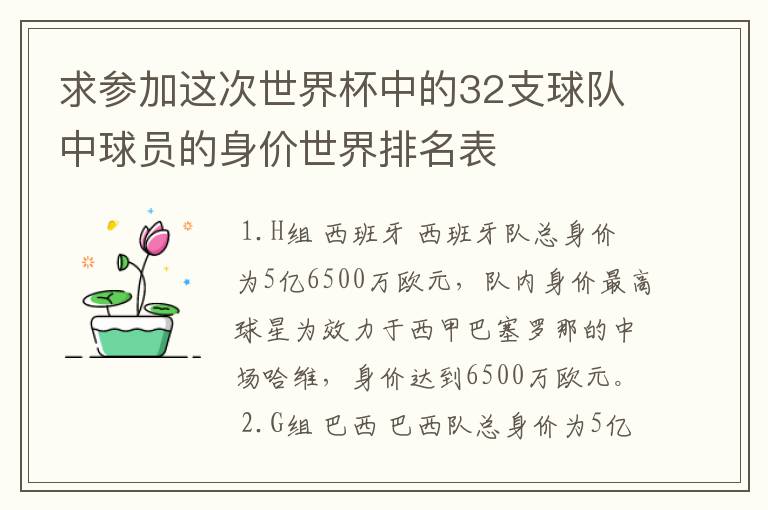 求参加这次世界杯中的32支球队中球员的身价世界排名表