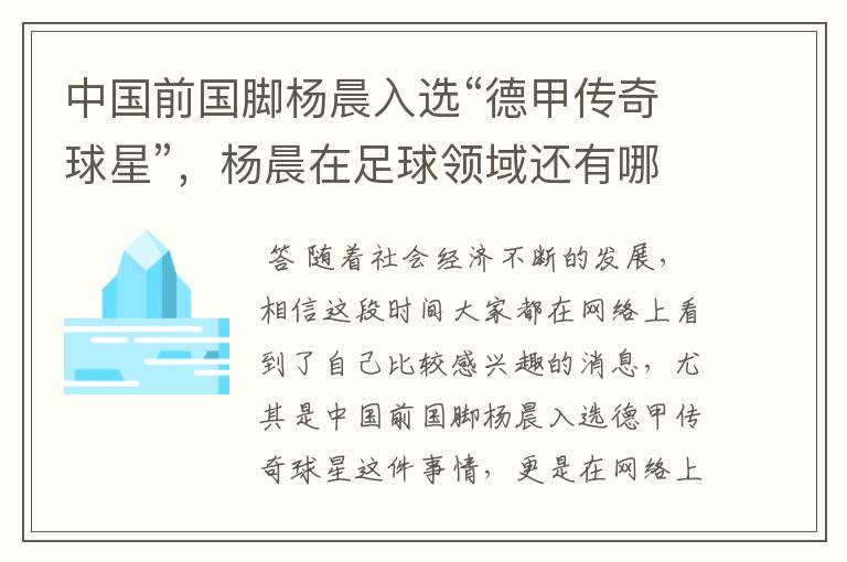 中国前国脚杨晨入选“德甲传奇球星”，杨晨在足球领域还有哪些成就？