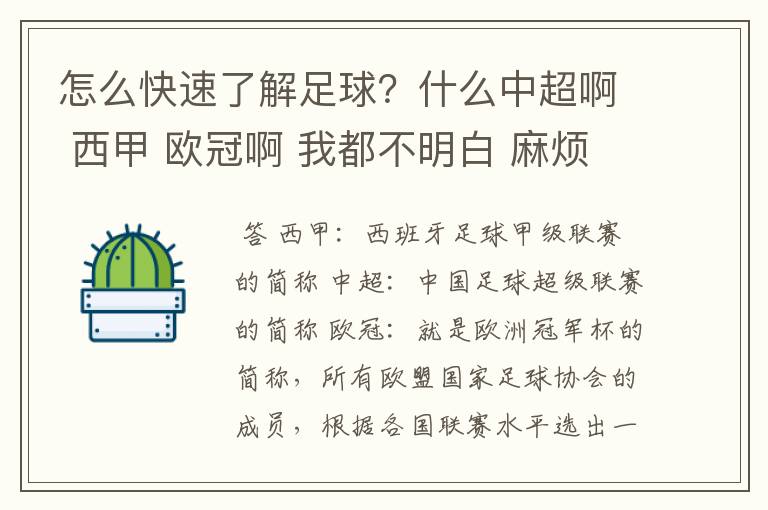 怎么快速了解足球？什么中超啊 西甲 欧冠啊 我都不明白 麻烦 有哪位特别了解足球的 跟我讲讲，多谢