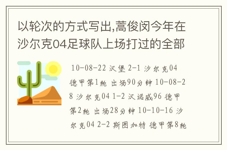 以轮次的方式写出,蒿俊闵今年在沙尔克04足球队上场打过的全部德甲比赛