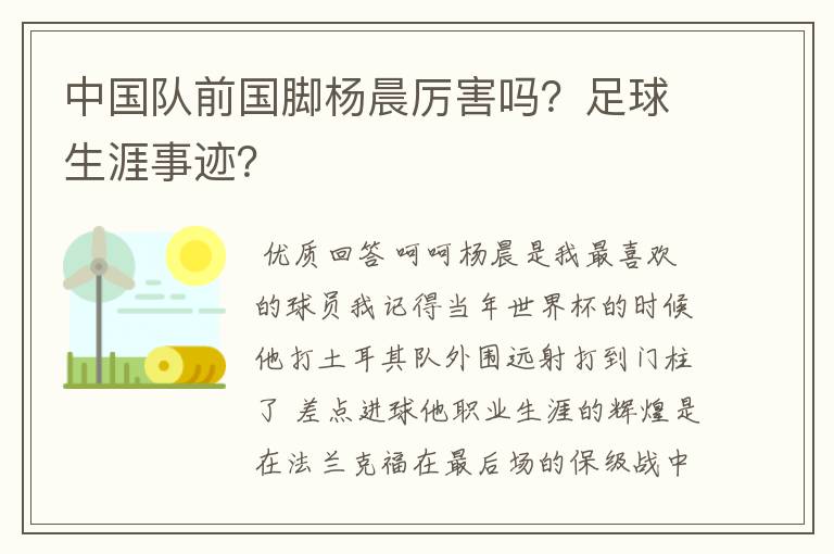 中国队前国脚杨晨厉害吗？足球生涯事迹？